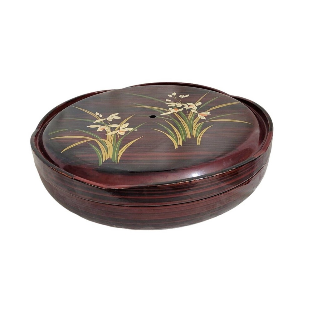 Vintage Japanese Floral Lacquer Ware 3 Piece 11" Lazy Susan Serving Tray w/Lid